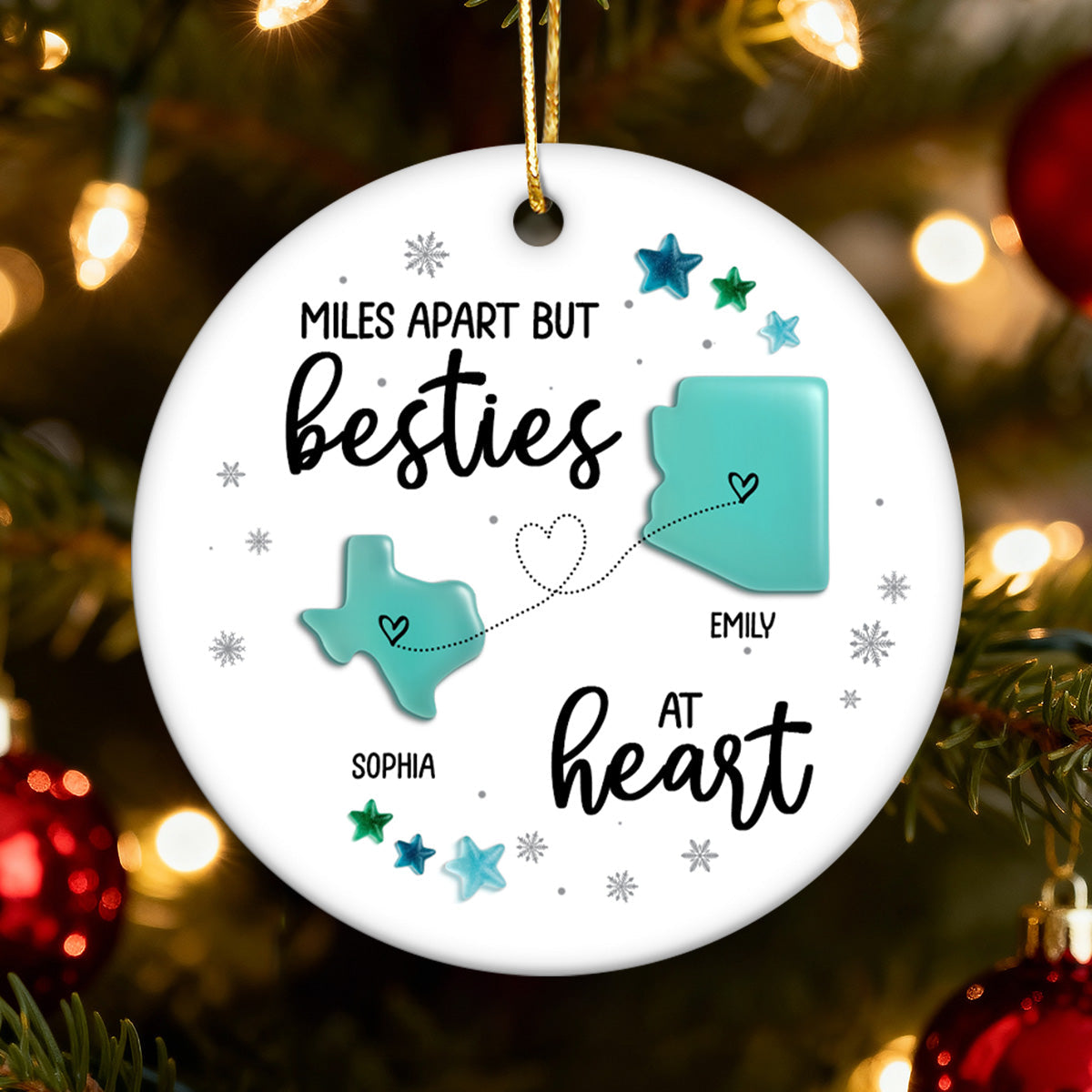 3D Sea Glass Effect Christmas Long Distance State Maps Besties - Personalized Ceramic Ornament
