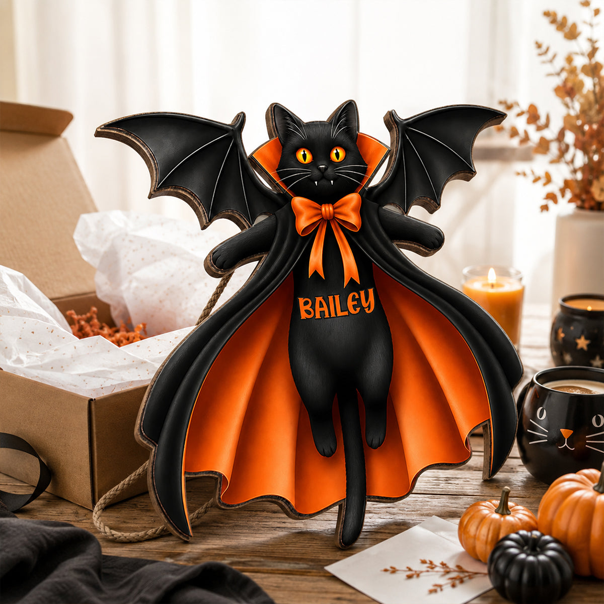 Halloween Cat Vampire - Personalized Wooden Door Sign - Summerween Decor for Cat Lovers