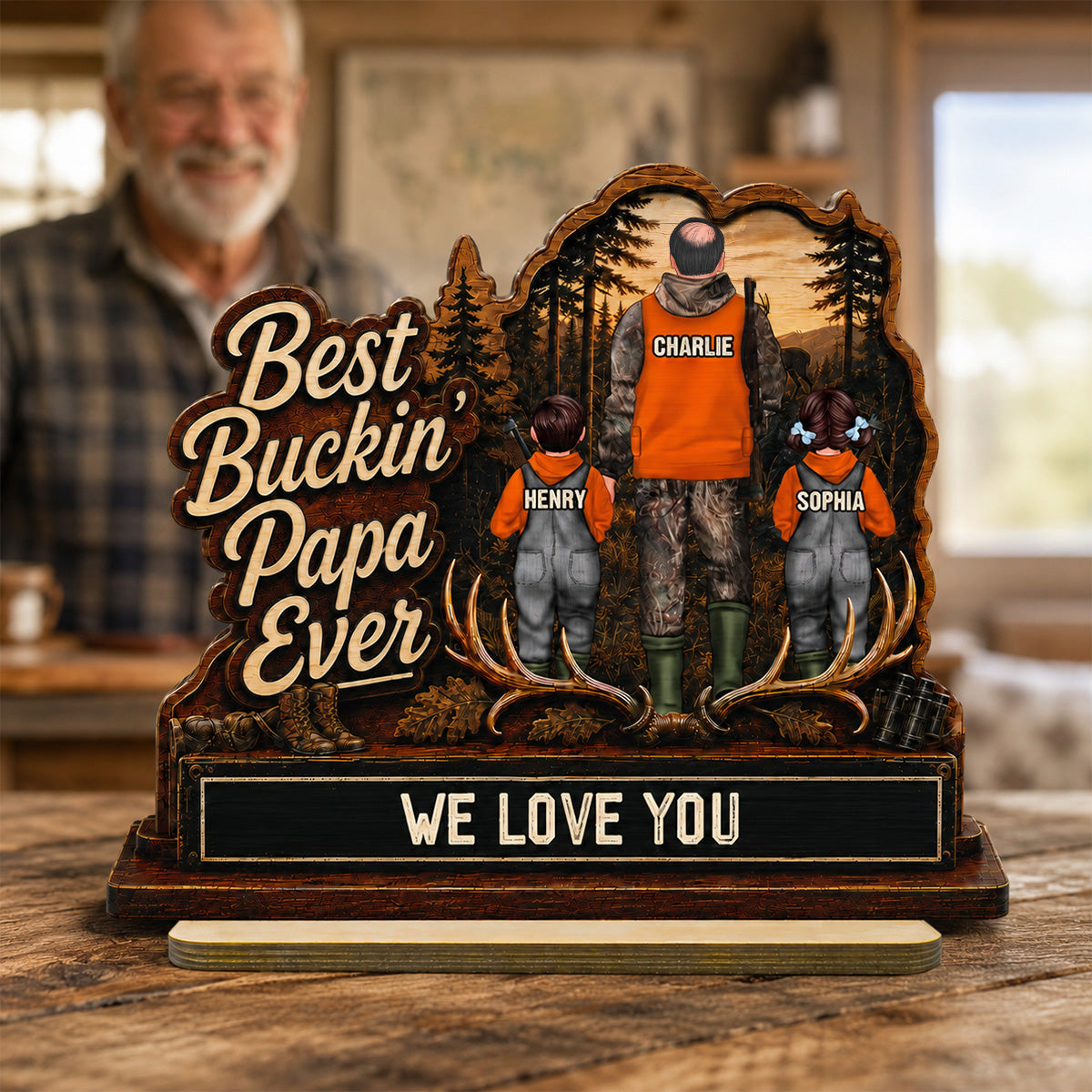 Best Buckin' Dad Papa Ever Hunting Man & Kids 2D Flat - Personalized 2-Layered Wooden Plaque -  Gift For Hunting Dad, Grandpa