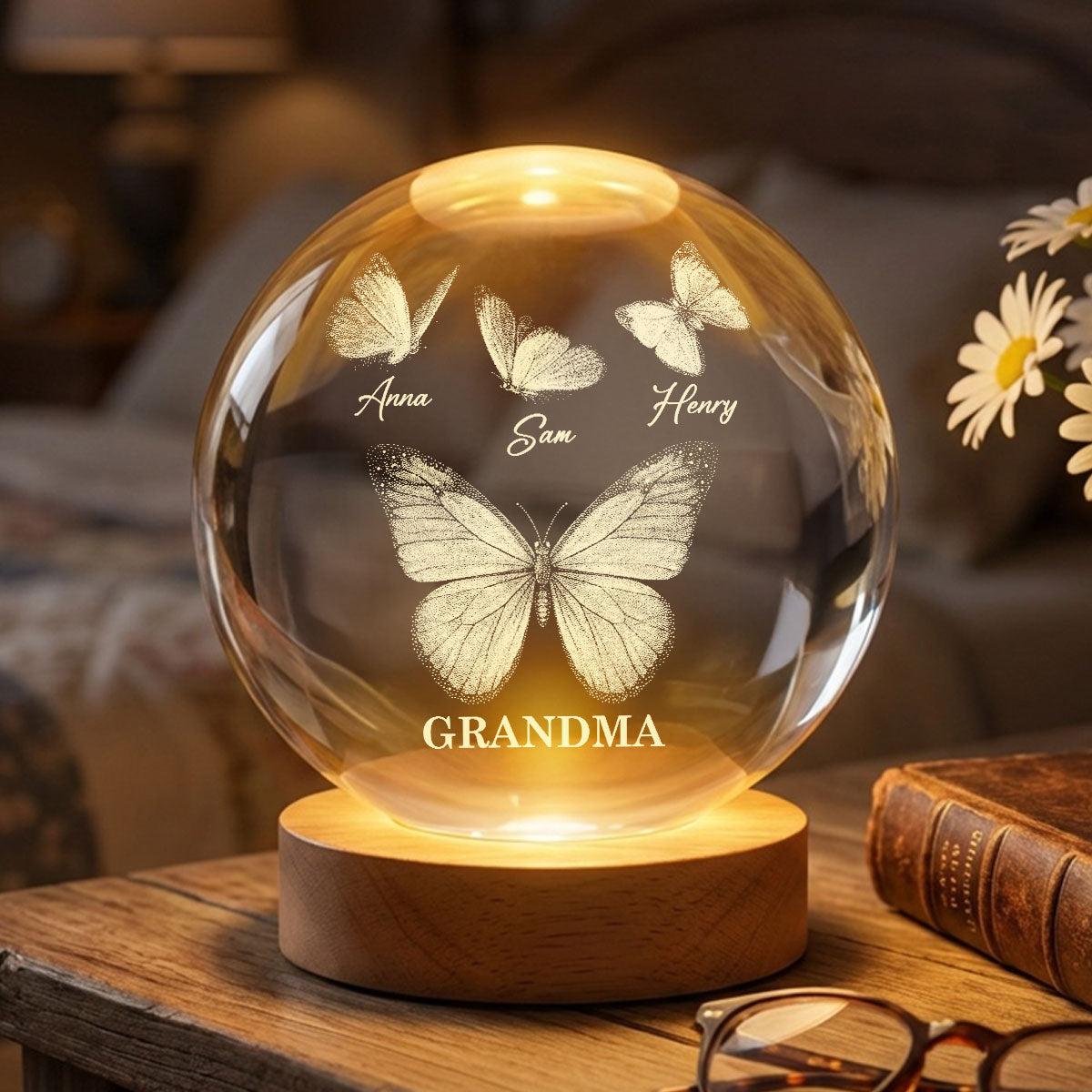 Beautiful Grandma Mom Butterflies Custom Kids Names - Personalized Crystal Ball LED Night Light - Gift For Grandma, Mom