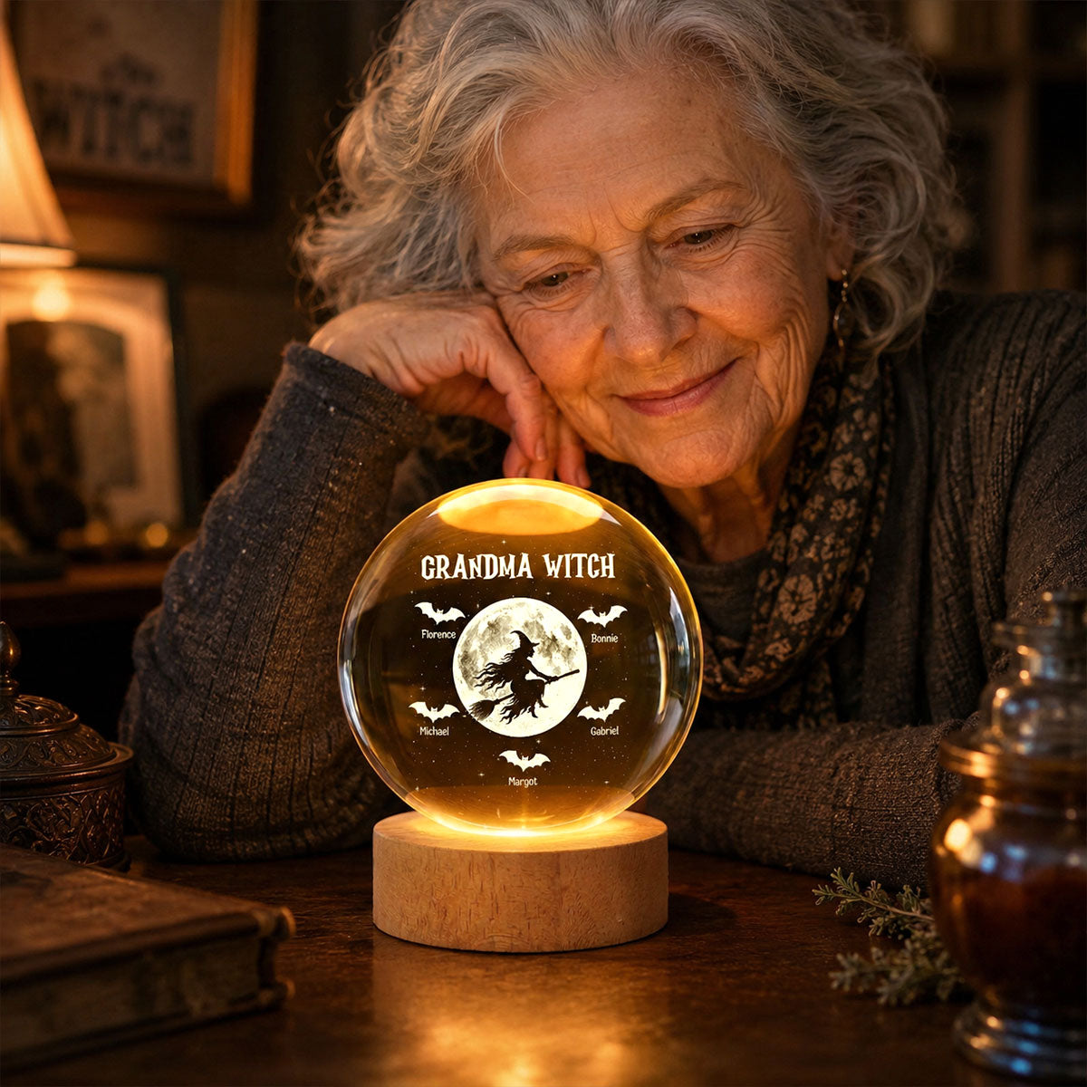 Grandma Witch With Kids Names - Personalized Crystal Ball Night Light - Halloween Gift