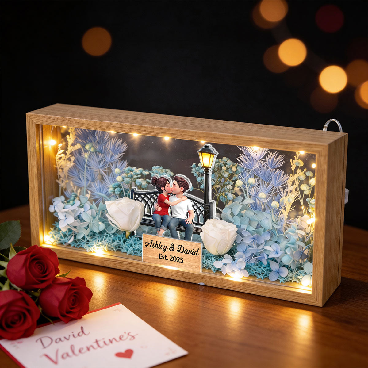 Eternal Love Couple Sitting Kissing - Personalized DIY Flower Shadow Box LED Night Light - Gift For Couple, For Him, For Her