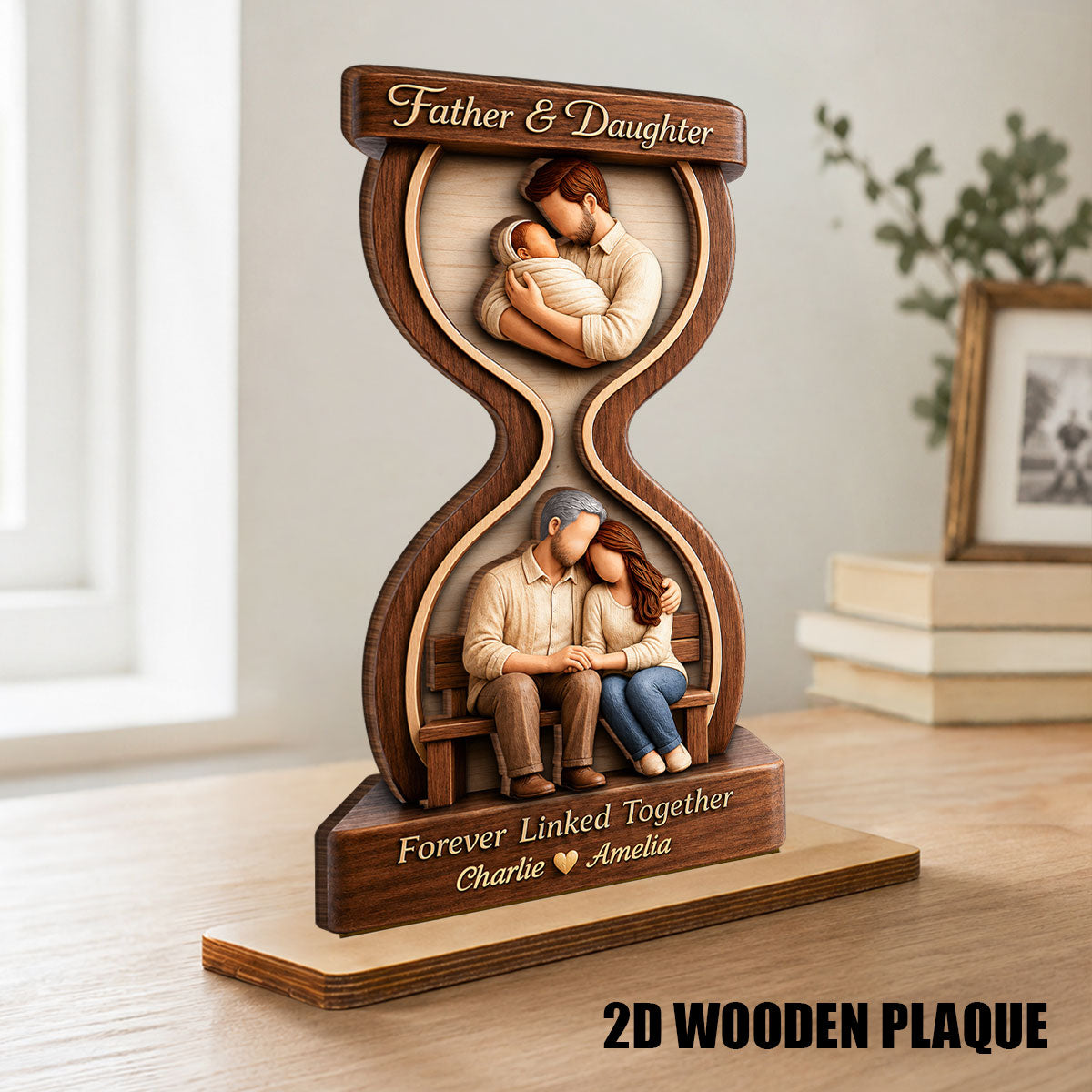 Father & Daughter Forever Linked Together - Personalized 2-Layered Wooden Plaque - Heartfelt Gift For Dad, Husband