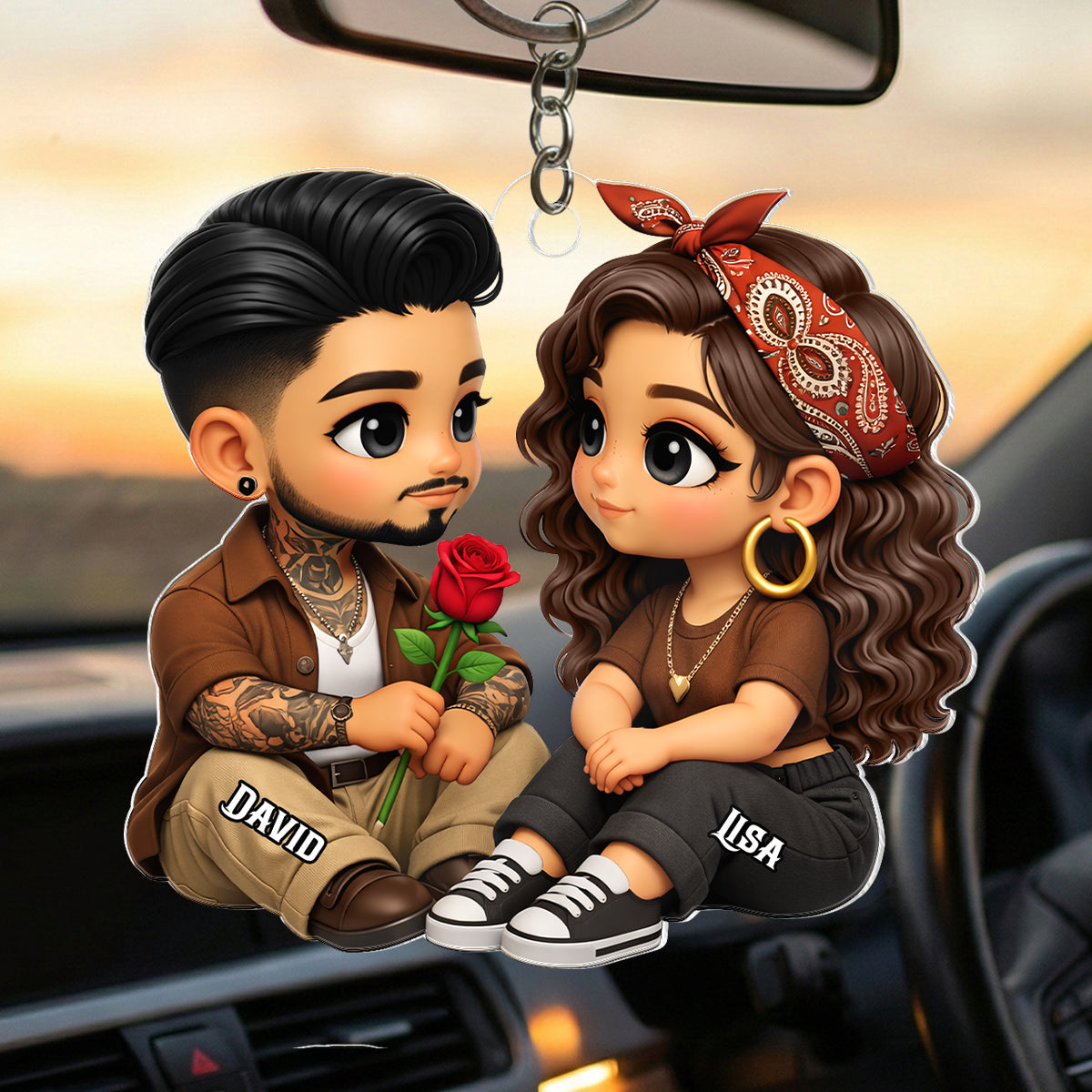 3D Effect Cute Couple A Rose For You - Personalized Acrylic Car Hanger - Valentine's Gift For Him, For Her, For Couple