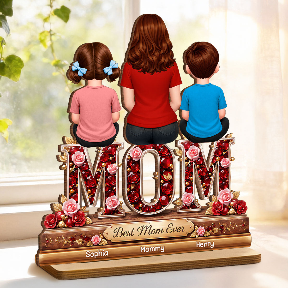 Best Mom Ever Mom Daughters Sons Back View - Personalized 2-Layered Wooden Plaque - Heartfelt Gift For Mom, Grandma