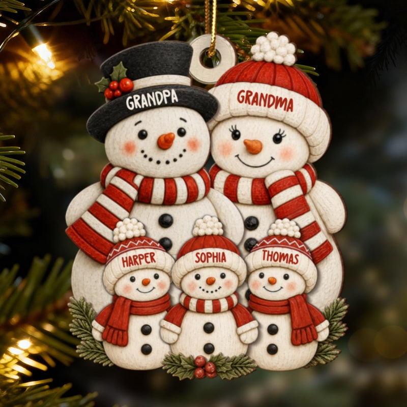 Cute Snowman Grandparents & Grandkids 2D Flat Printed - Personalized Wooden Ornament - Christmas Tree Decor For Family, Grandma, Grandpa