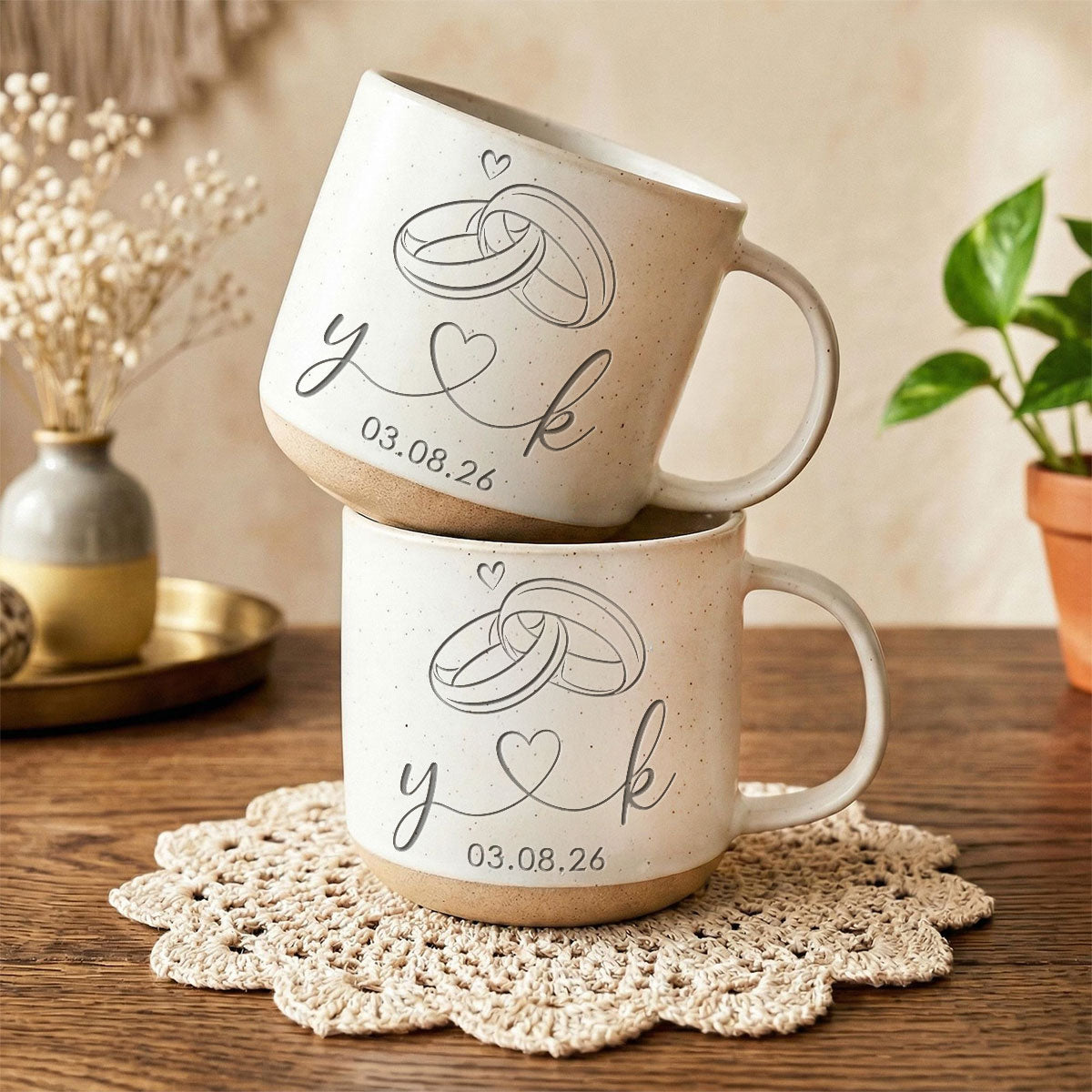 Rings Of Love - Personalized Pottery Mug - Anniversary, Engagement Gift For Couple