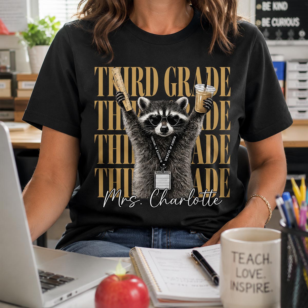 Grade Level Funny Raccoon Teacher - Personalized Shirt - Back To School Gift