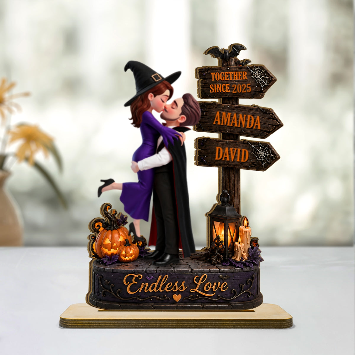Endless Love Couple Halloween - Personalized 2-Layered Wooden Plaque - Halloween Decor Gift, Gift For Couple