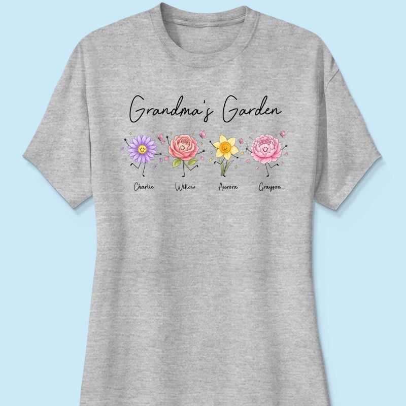 Grandma's Garden Cute Doodle Birth Month Flower - Personalized Shirt - Heartfelt Gift For Grandma, Mom, Auntie