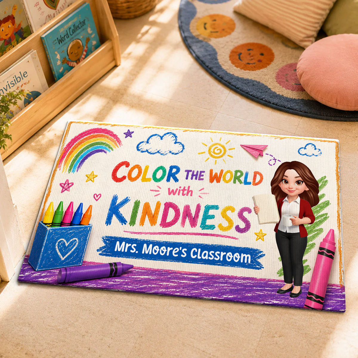 Colour The World With The Kindness - Personalized Doormat - Back To School Gift For Teacher, Classroom Decor