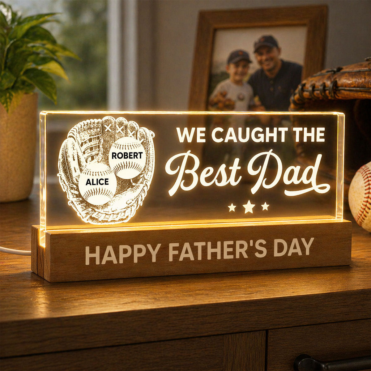 Baseball In Baseball Glove We Caught The Best Dad - Personalized Acrylic Block LED Night Light - Father's Day Gift For Baseball Dad