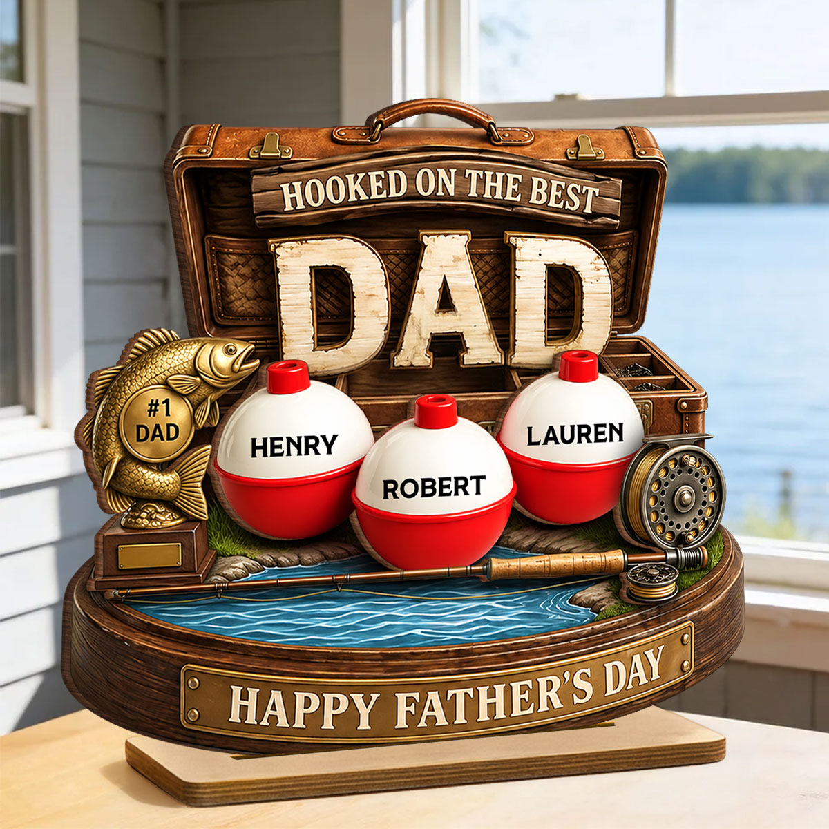 Hooked On The Best Dad Fishing - Personalized 2-Layered Wooden Plaque - Heartfelt Gift For Fishing Dad, Gift For Husband