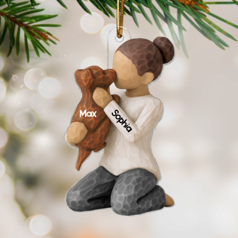 3D Effect Boy Girl Hugging Dog - Personalized Acrylic Ornament - Christmas Gift For Dog Lovers