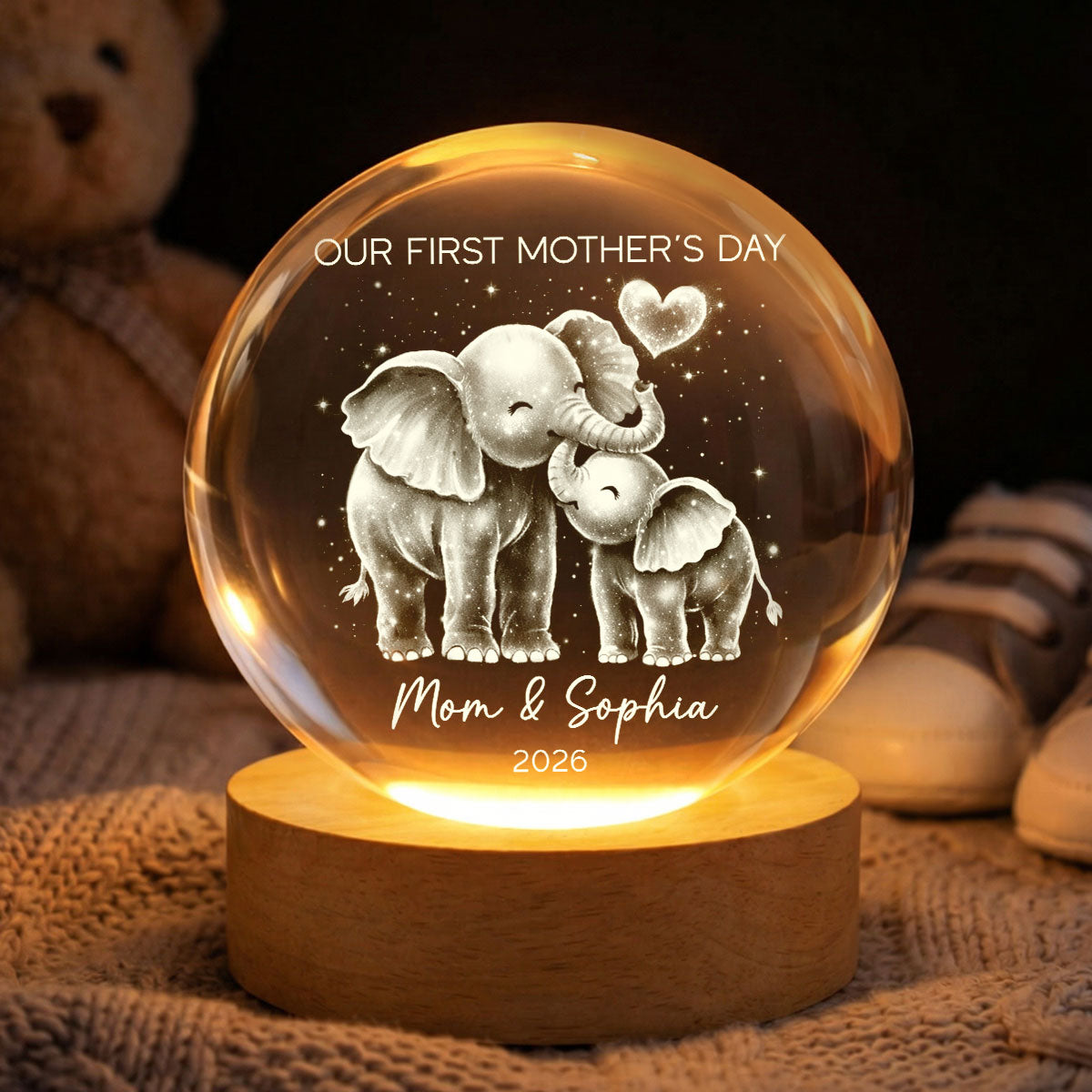 Elephant Mom And Baby Our First Mother's Day - Personalized Crystal Ball LED Night Light - First Mother's Day Gift For New Mom