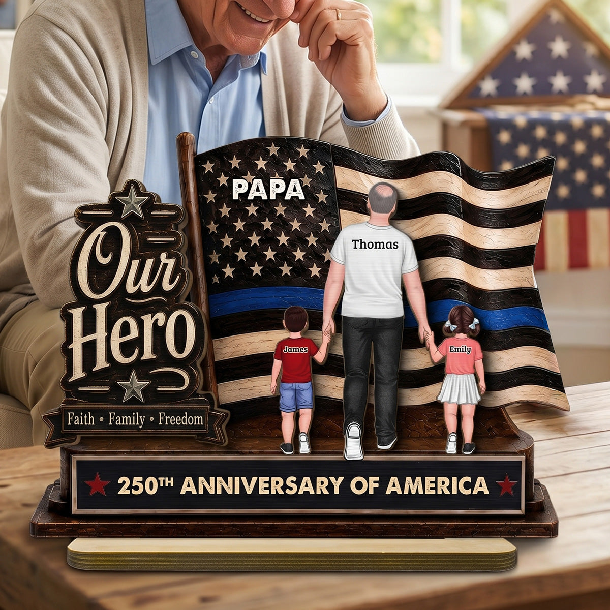 Dad Grandpa Our Hero American Flag 2D Flat - Personalized 2-Layered Wooden Plaque -  Gift For Patriotic Dad, Grandpa, Husband