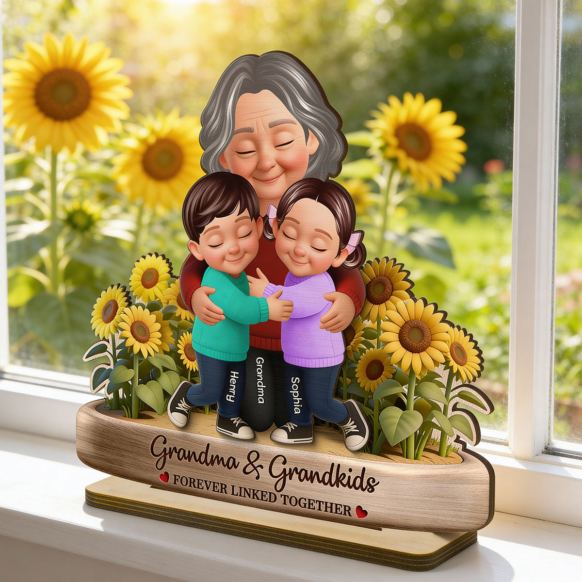 Grandma And Grandkids Forever Linked Together Sunflower Field - Personalized 2-Layered Wooden Plaque - Gift For Grandma