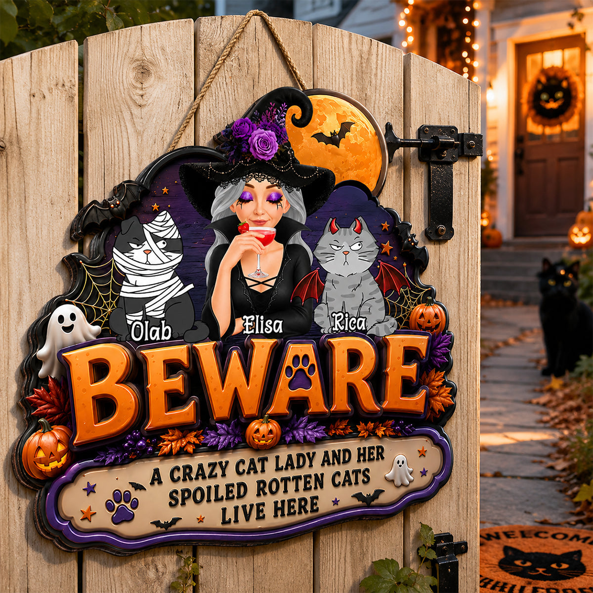 A Crazy Cat Lady And Her Spoiled Rotten Cats Live Here - Personalized Wood Sign - Halloween Decor Gift, Gift For Cat Lovers
