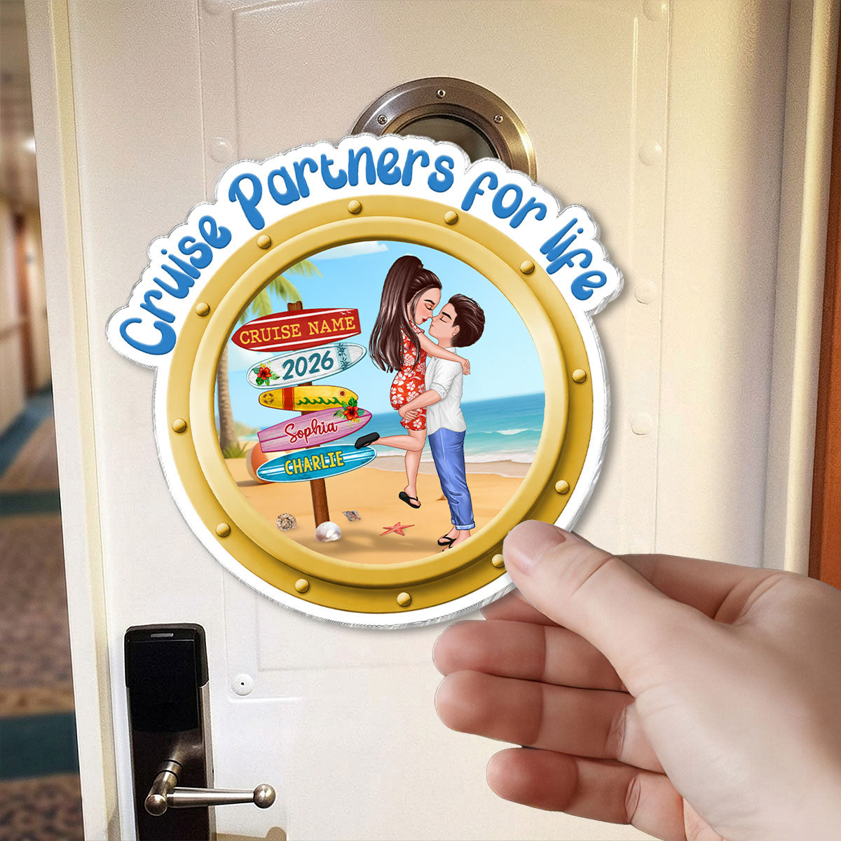 Cruise Partners For Life Porthole Doll Couple Hugging Kissing At Beach - Personalized Cruise Ship Door Magnet