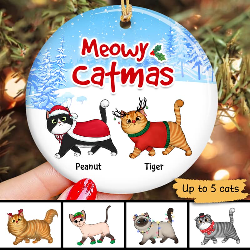 Winter Wonderland Walking Fluffy Cats In Snow Personalized Circle Ornament
