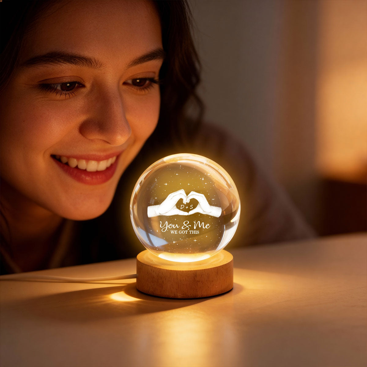 Hearts Hands Couple Initials - Personalized Crystal Ball LED Night Light - Valentine's Day Gift For Couple