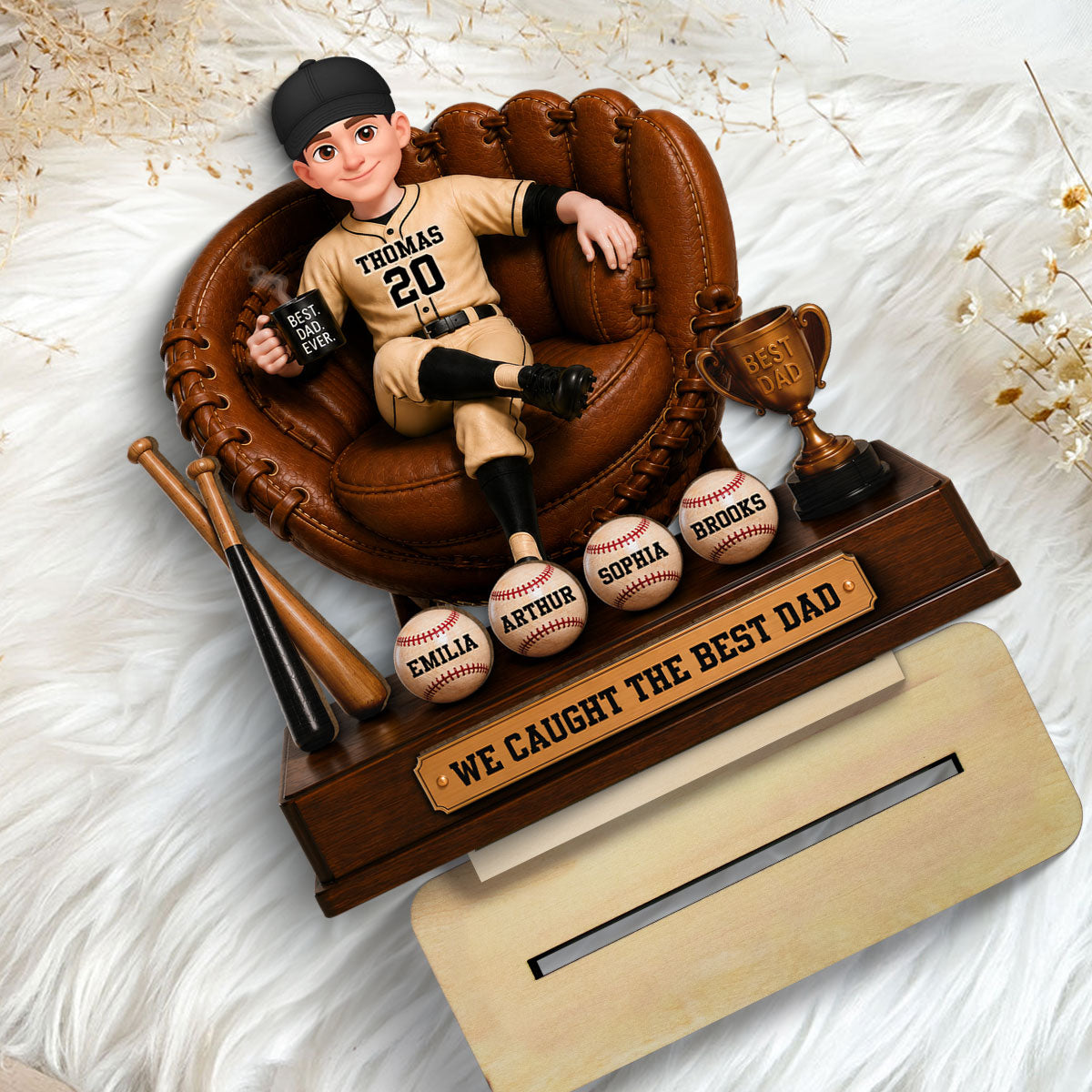 Baseball Dad Sitting On Glove With Kids Names 2D Flat - Personalized Wooden Plaque