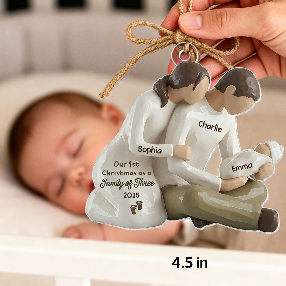 3D Effect First Christmas As Family Of Three Mom Dad Holding Baby - Personalized Acrylic Car Hanger