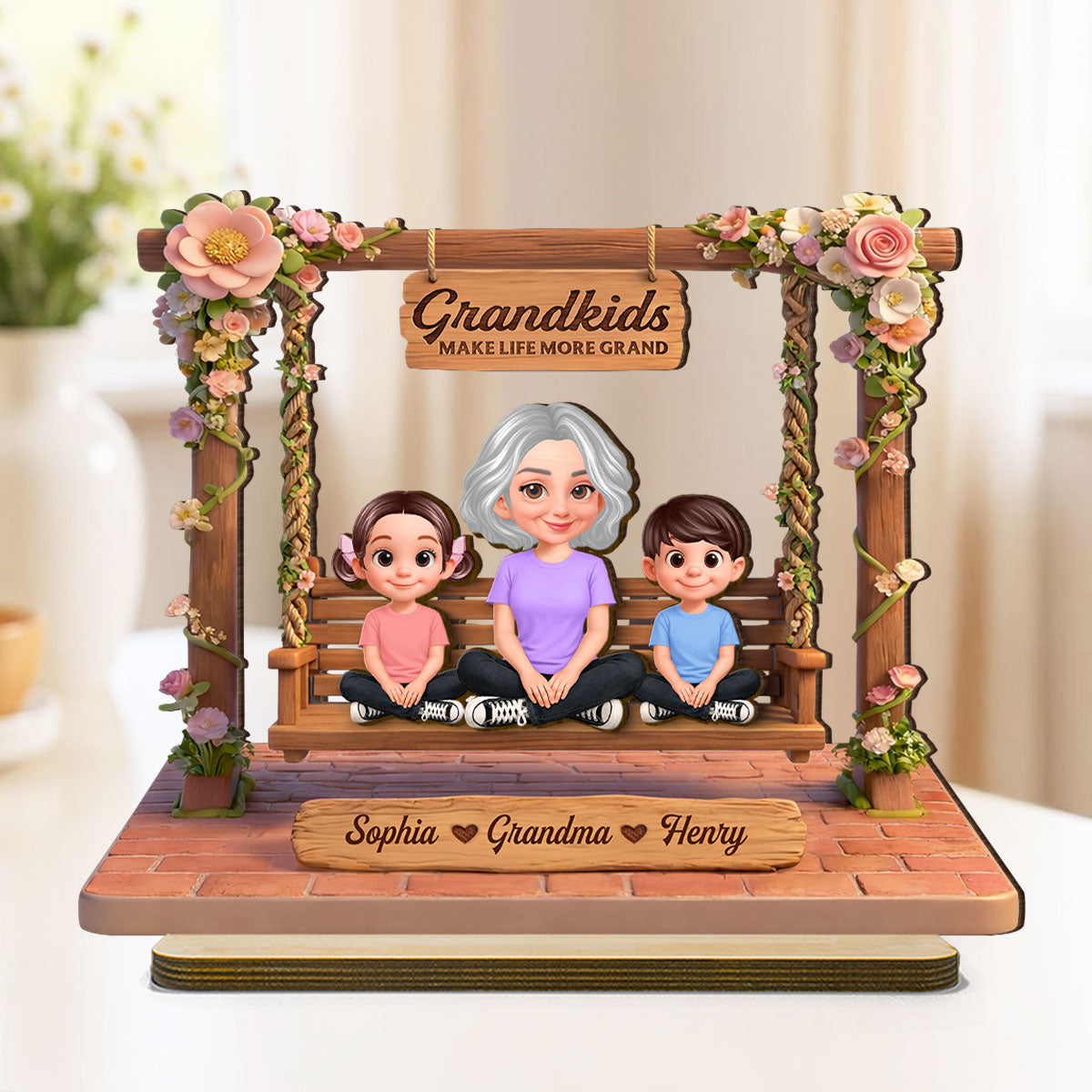 Where Love Gently Swings Grandma Grandkids - Personalized 2-Layered Wooden Plaque - Gift For Grandma