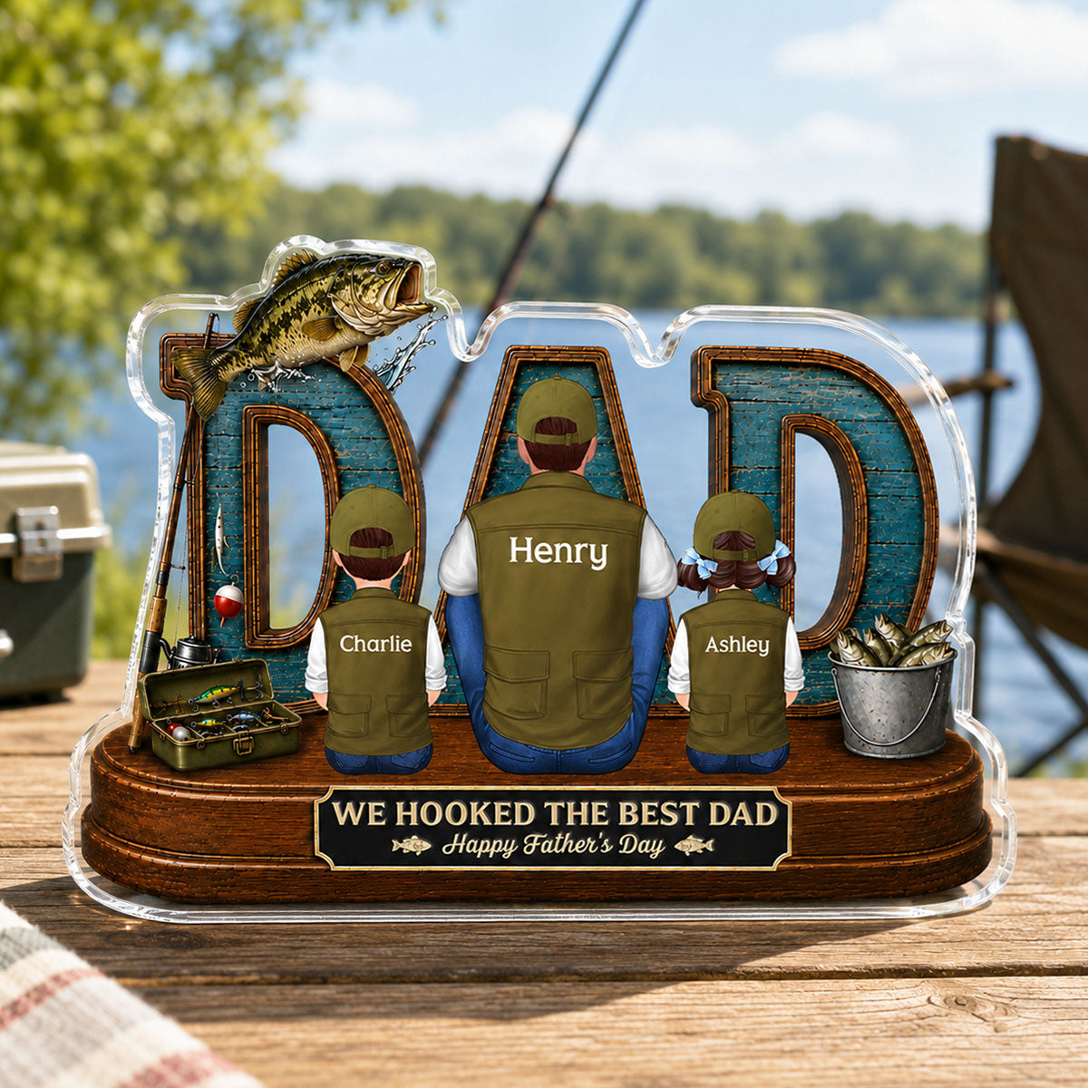 Fishing Dad And Kids We Hooked The Best Dad - Personalized Acrylic Block Plaque -  Gift For Dad, Husband
