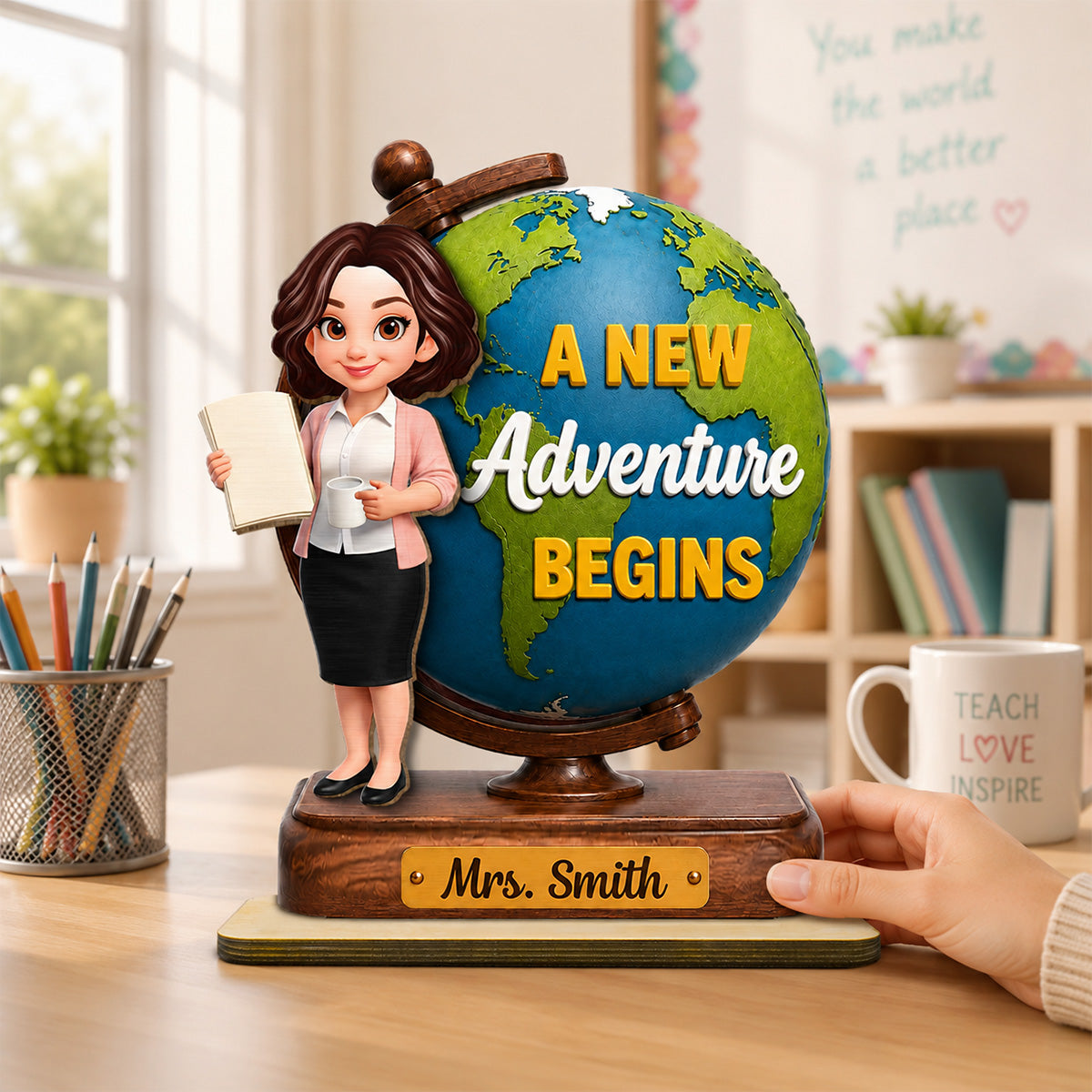 Teacher World Globe 2D Flat - Personalized Wooden Plaque - Back To School Gift