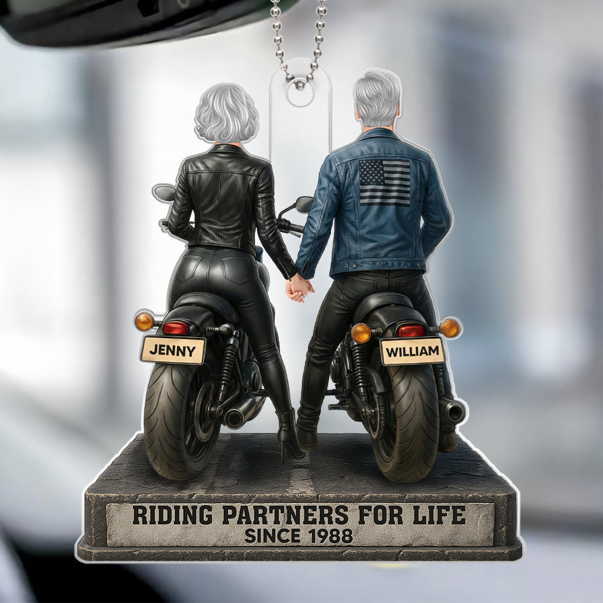 Biker Couple Riding Partners for Life - Personalized Acrylic Car Hanger - Sentimental Gift for her, for him