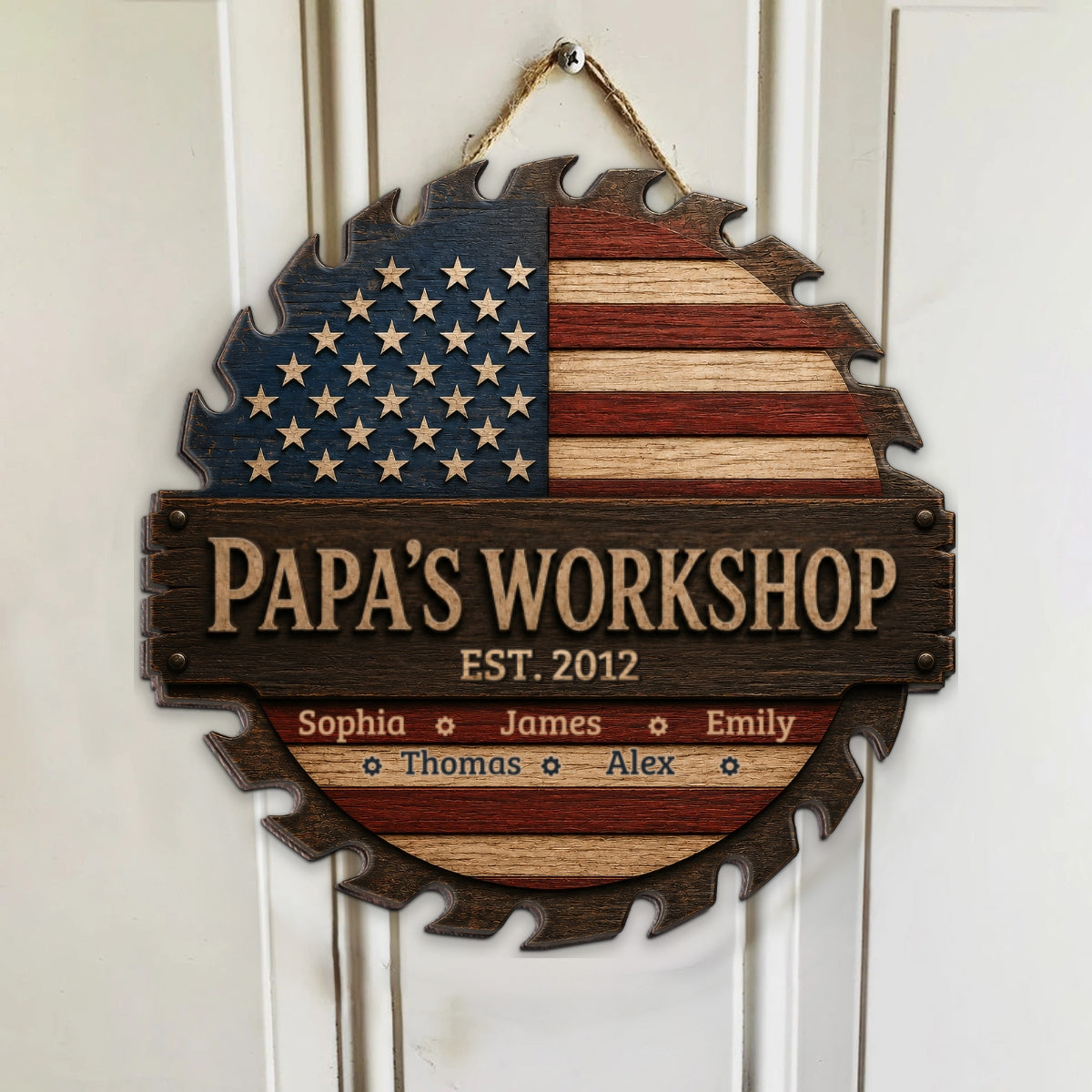 Dad Grandpa Workshop Nation Flag Theme - Personalized Wooden Garage Sign - Father's Day Gift For Patriotic Mechanic Dad, Grandpa