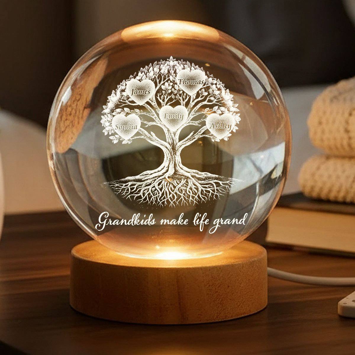 Grandkids Heart Tree Of Life - Personalized Crystal Ball LED Night Light - Mother's Day Gift For Grandma