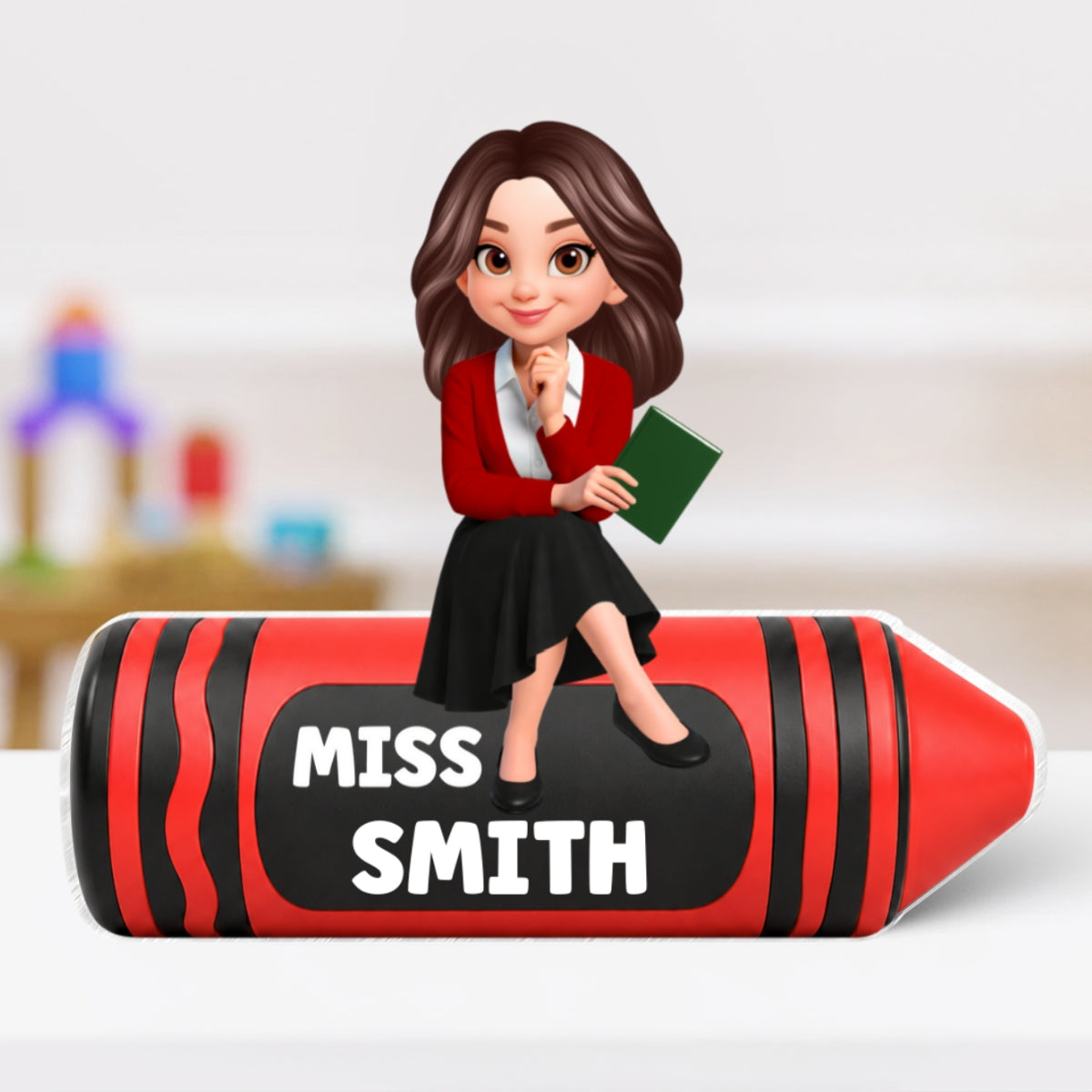 Teacher Sitting On Beautiful Crayon - Personalized Acrylic Block Plaque - Back To School Gift For Teacher, Classroom Decor