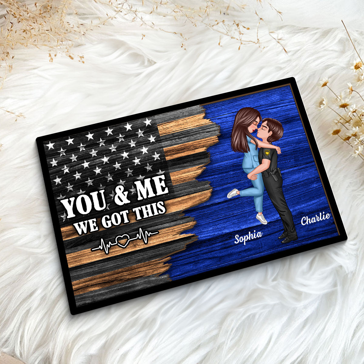 Saving Lives Together Hero Couple Half Flag Gifts by Occupation Gift For Her Gift For Him Firefighter, Nurse, Police Officer Personalized 2-Layer Wooden Plaque