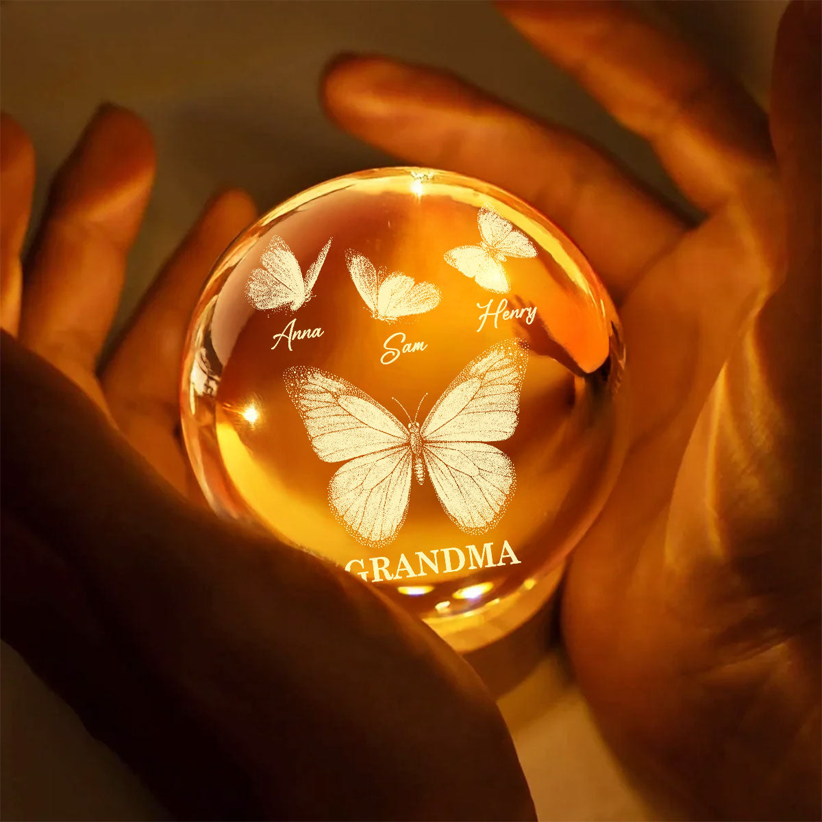 Beautiful Grandma Mom Butterflies Custom Kids Names - Personalized Crystal Ball LED Night Light - Gift For Grandma, Mom