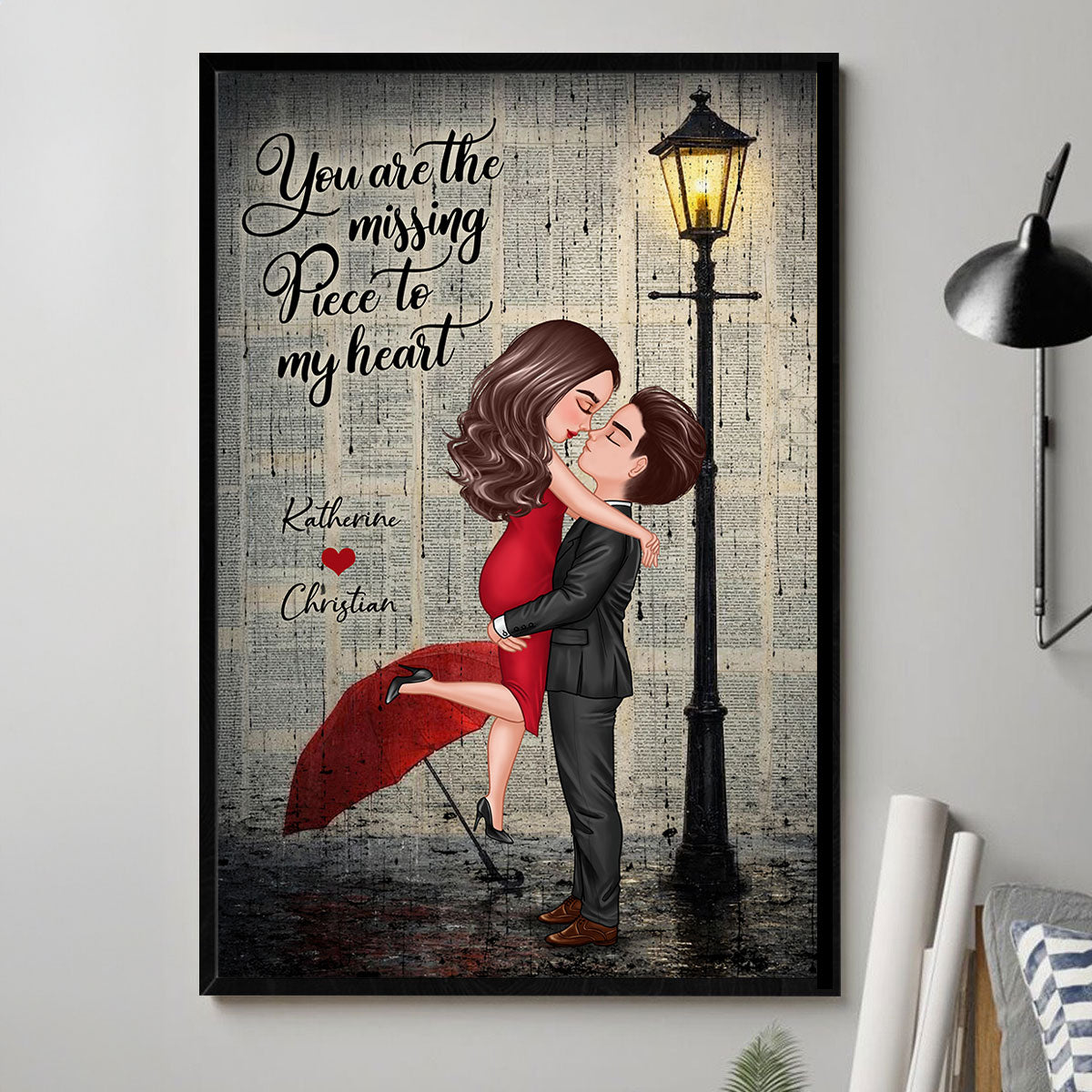 Vintage Newspaper Couple Hugging Kissing Under Lamp Post - Personalized Poster