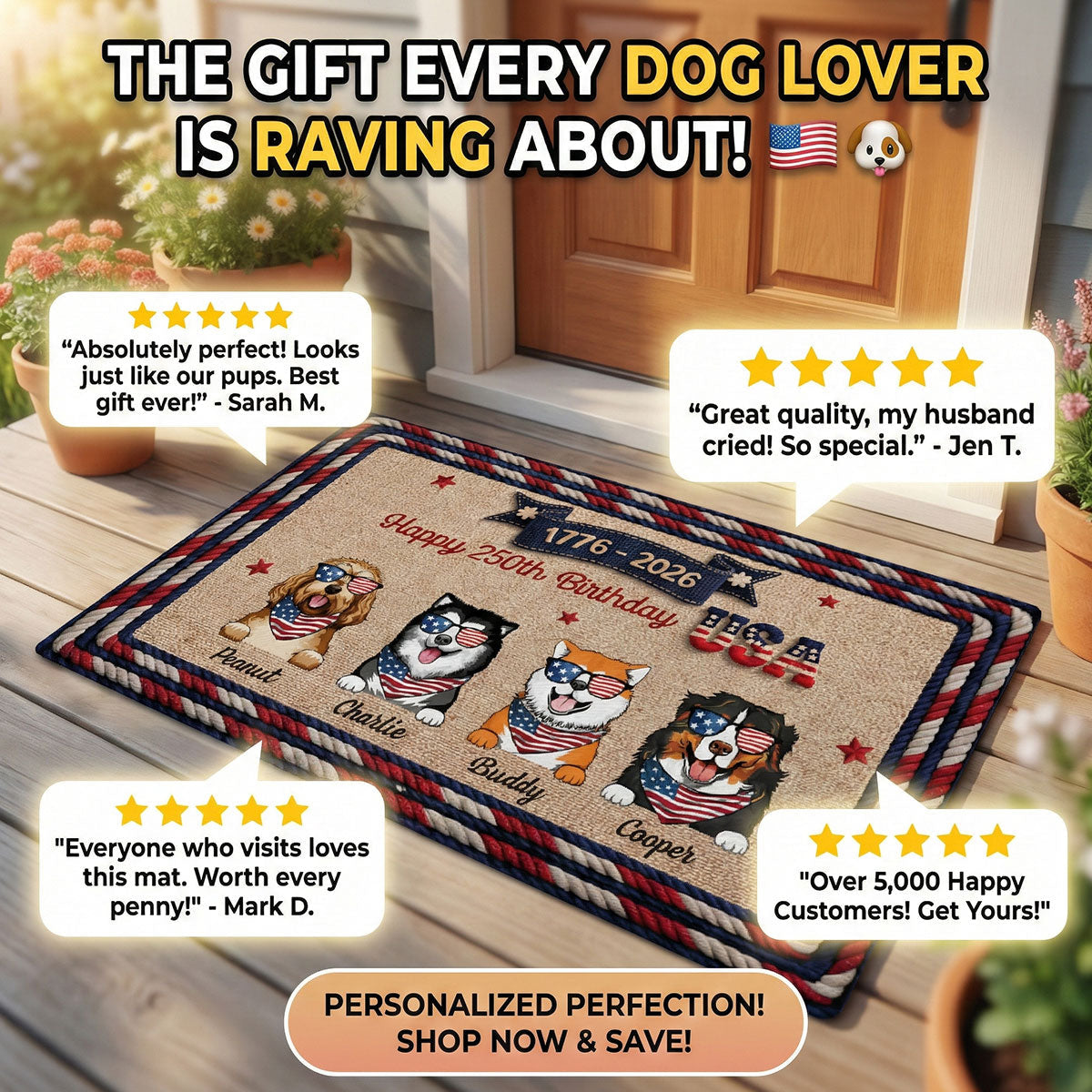 USA 250th Birthday Patriotic Flag Dog Faux Yarn Pattern - Personalized Doormat - Gift For Dog Lovers