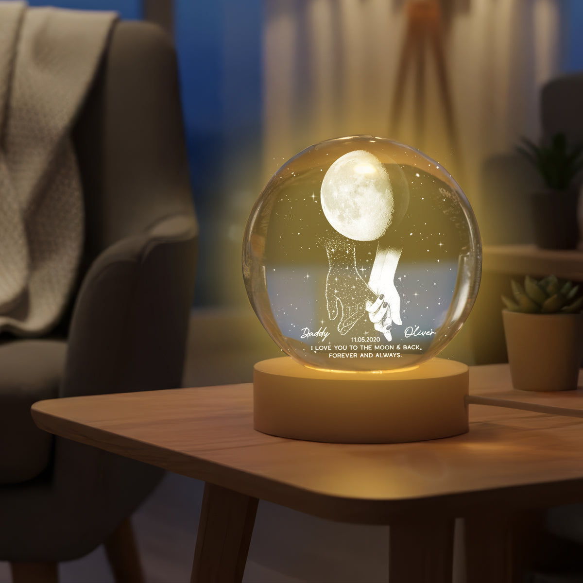 Lost Loved One Holding Hands Moon Phase Galaxy Art - Personalized Crystal Ball Night Light - Memorial Sympathy Gift
