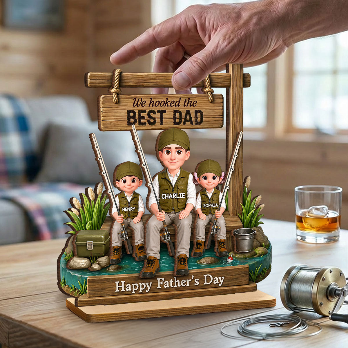 Best Moments Are Spent Together Fishing Dad Kids - Personalized 2-Layered Wooden Plaque - Heartfelt Gift For Fishing Dad, Gift For Husband