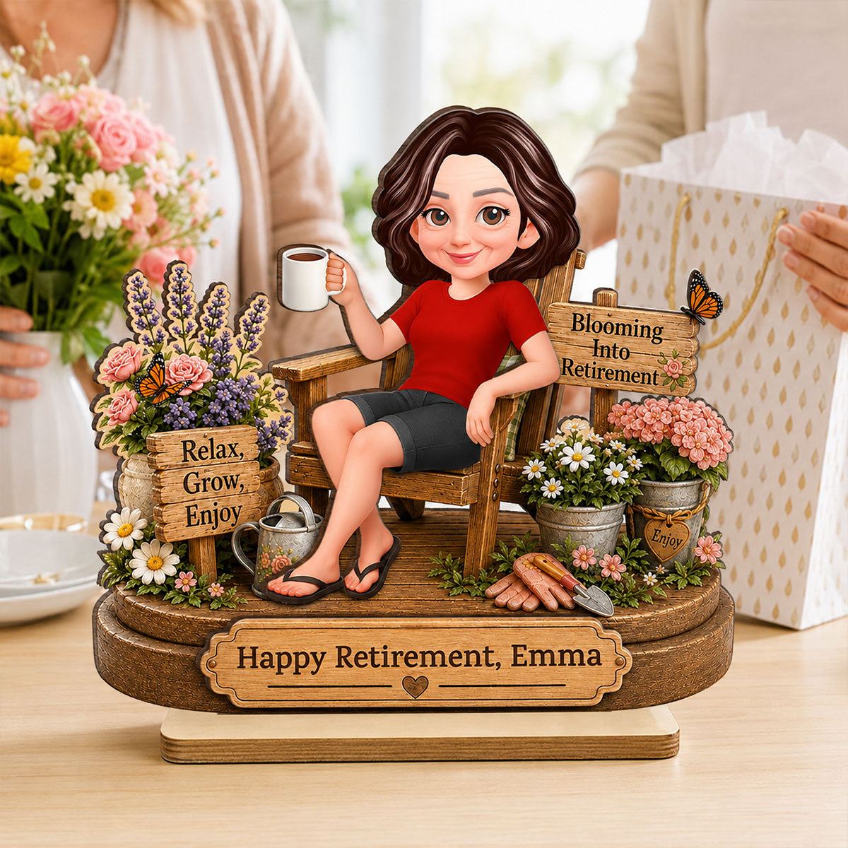 Blooming into Retirement - Personalized 2-Layered Wooden Plaque - Retirement Gift for Grandma, Mom, Wife
