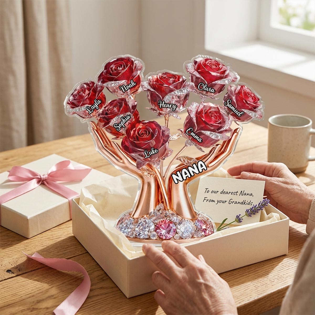 Grandma Hands Roses - Personalized Acrylic Block Plaque - Mother's Day Gift For Grandma