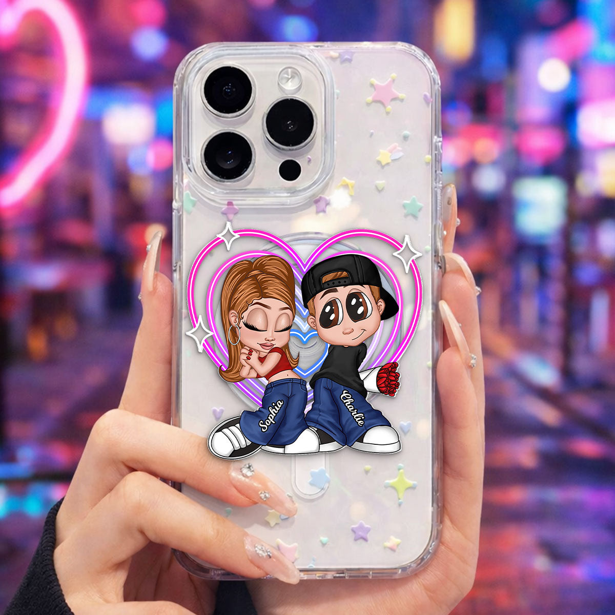 Y2K Couple Retro Heart - Personalized Acrylic Magnetic Phone Grip - Gift for him, for her, Matching Phone Grips for Couple