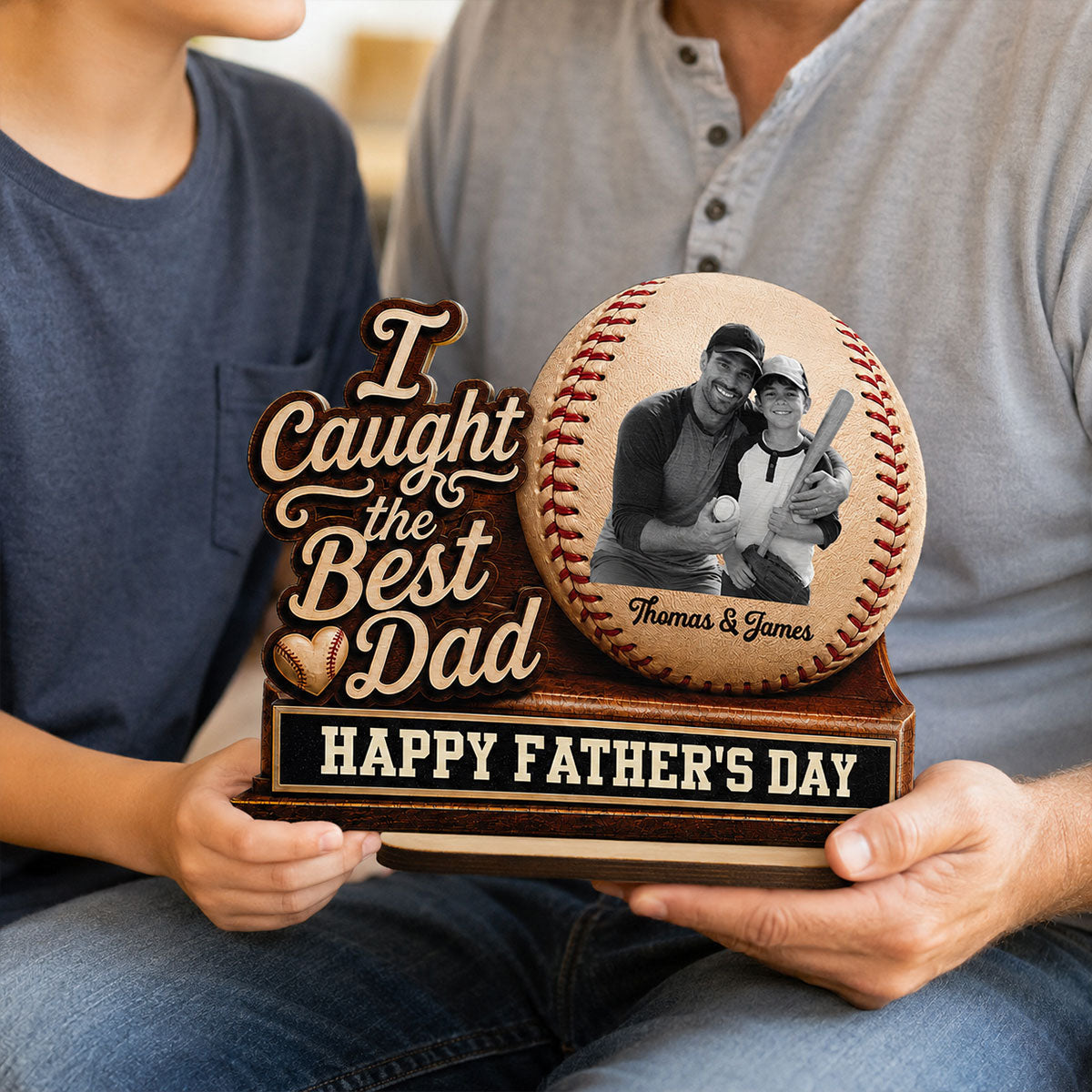 We Caught The Best Dad Custom Photo 2D Flat Printed - Personalized 2-Layered Wooden Plaque - Happy  For Baseball Dad