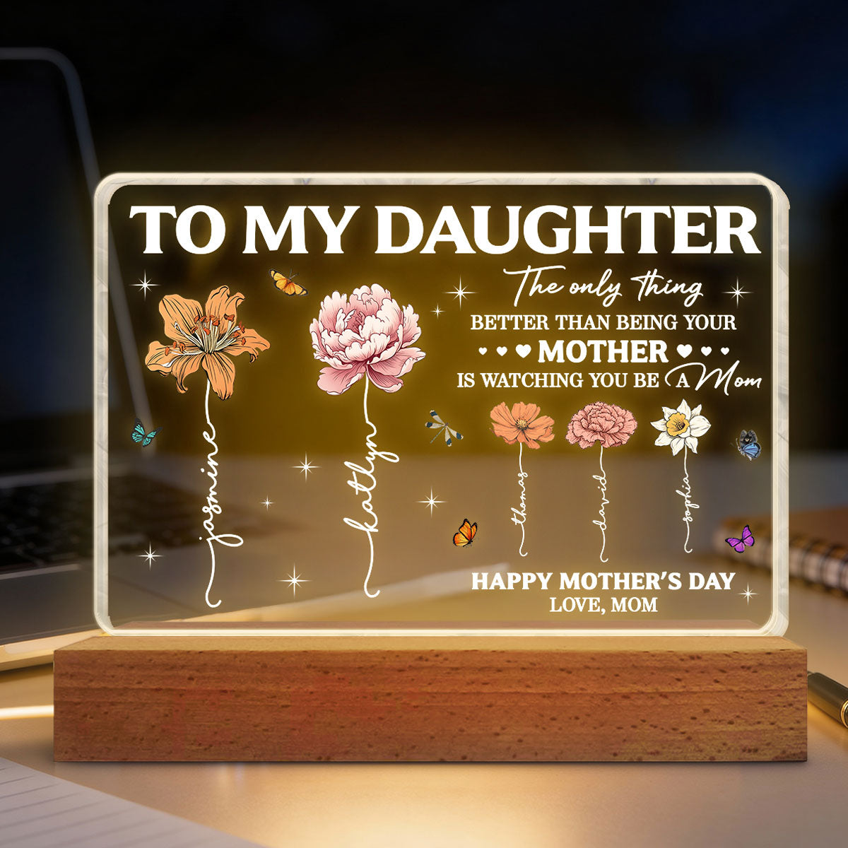 To My Daughter Mom And Daughter Custom Birth Month Flowers Kids Names - Personalized Acrylic Block LED Night Light - Mother's Day Gift For Daughter