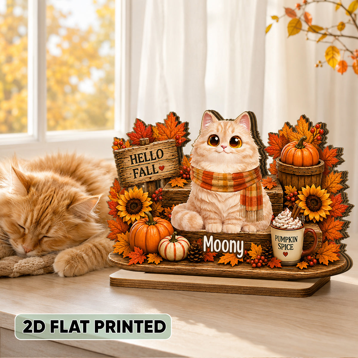 Hello Fall Cute Cats Sitting - Personalized 2-Layered Wooden Plaque - Cozy Fall Decor for Cat Moms, Cat Lovers