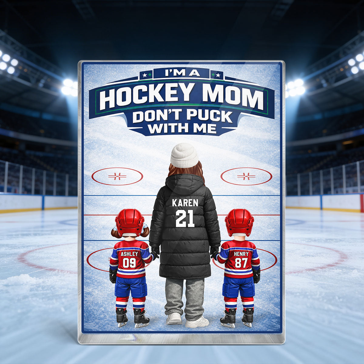 Hockey Mom And Her Kids - Personalized Acrylic Block Plaque - Heartfelt Gift For Hockey Mom
