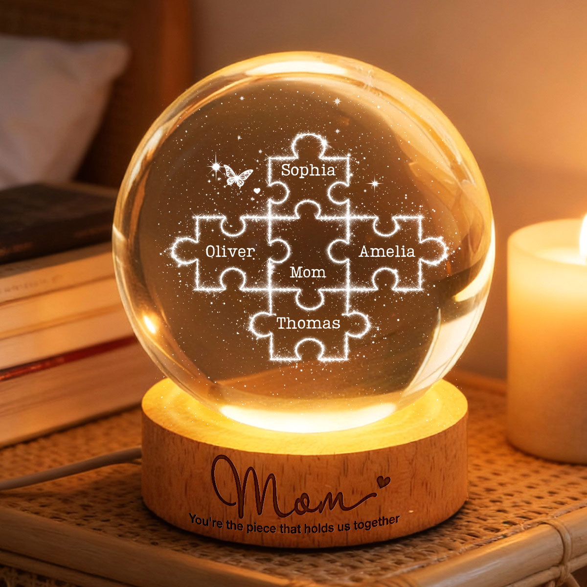 Mom You're the Piece that Holds Us Together - Personalized Crystal Ball LED Night Light - Mother's Day Gift for Mom, Wife