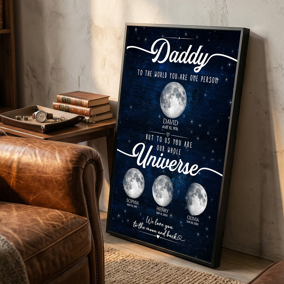 Daddy To Us You Are the World Custom Moon Phase by Date - Personalized Poster - Father's Day Gift for Son