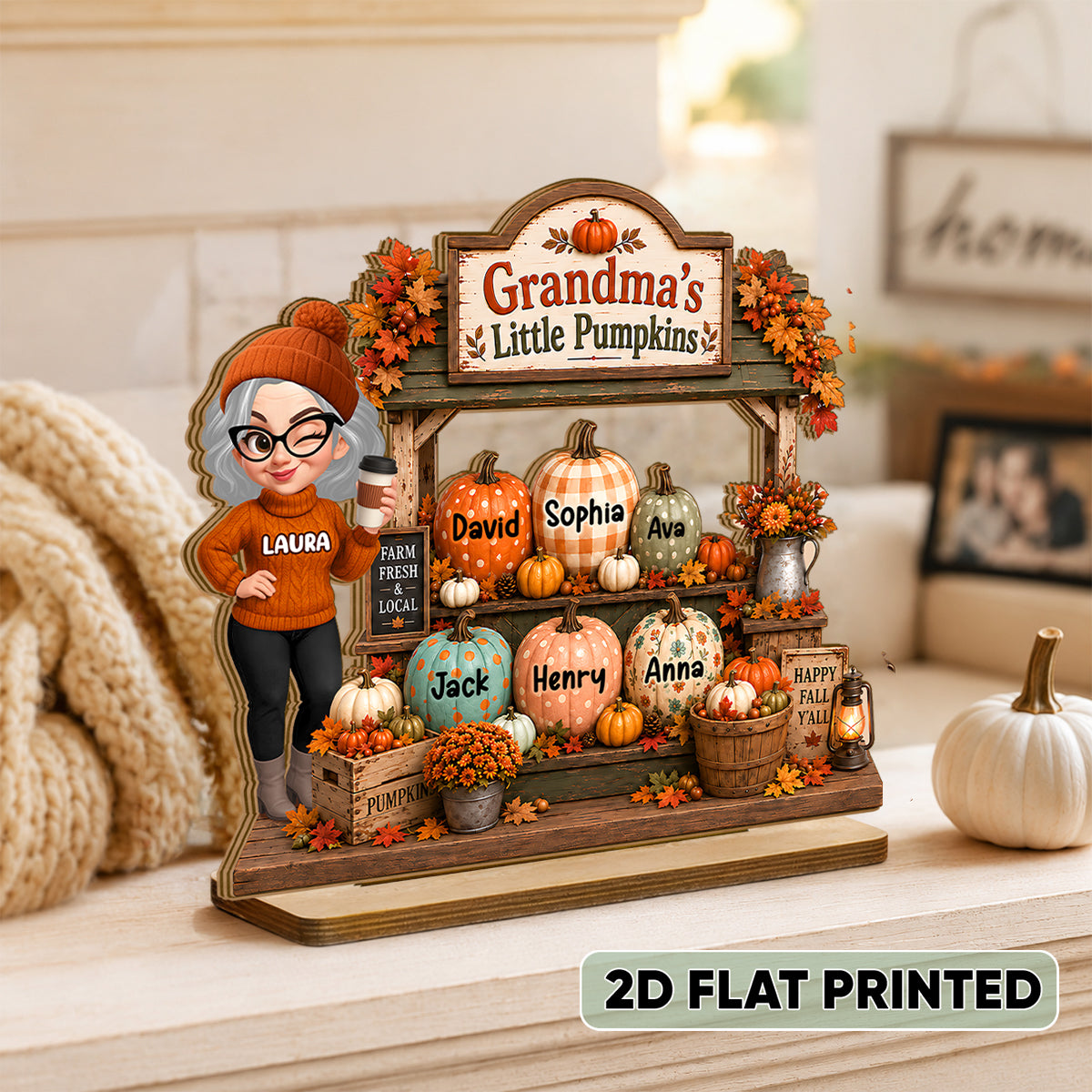 Rustic Fall Shelf Sitter Grandma - Personalized 2-Layered Wooden Plaque - Fall Season Decor Gift, Gift For Grandma